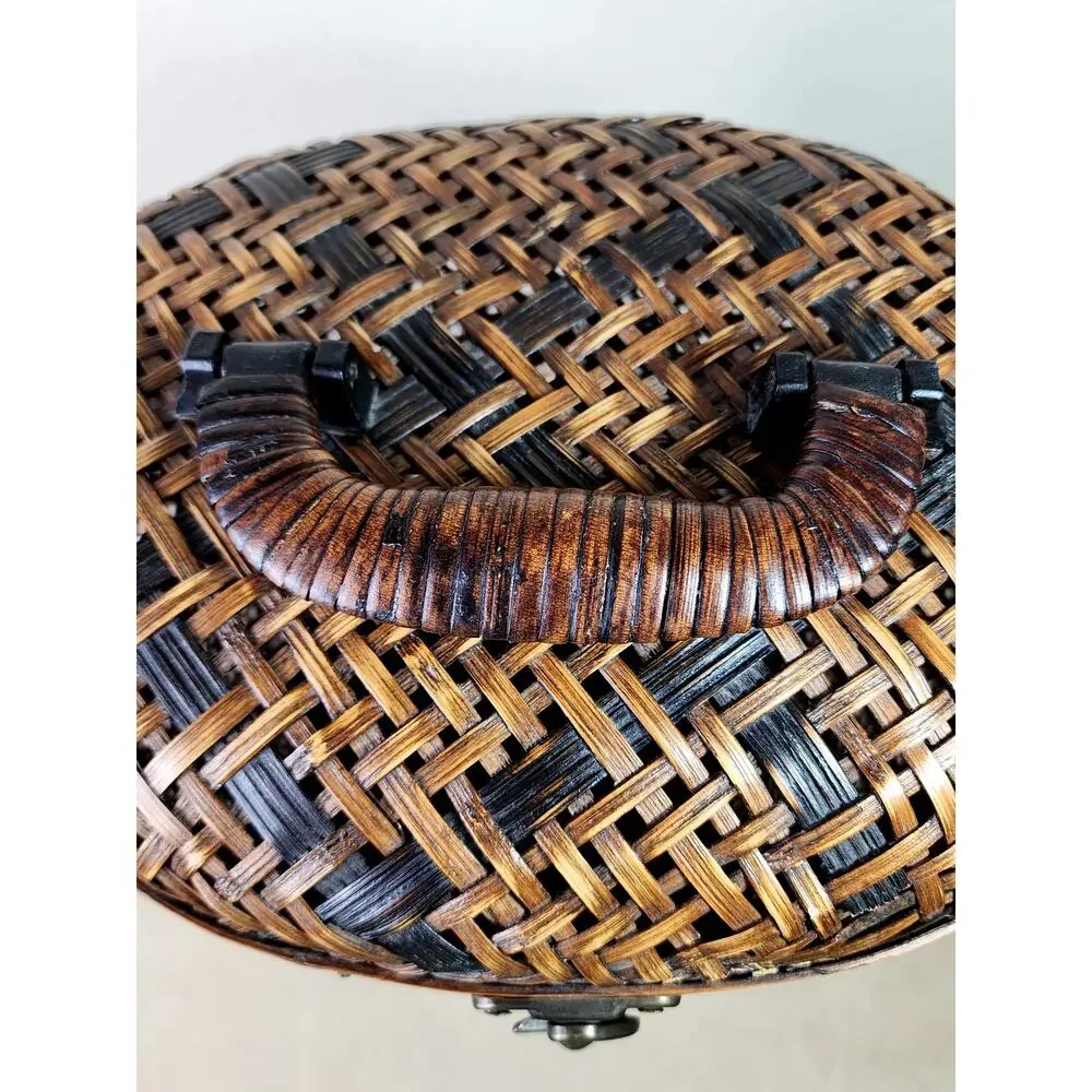 Woven Rattan Lidded Large Basket w/ Lid Brass Accent Asian Inspired 80s Vintage